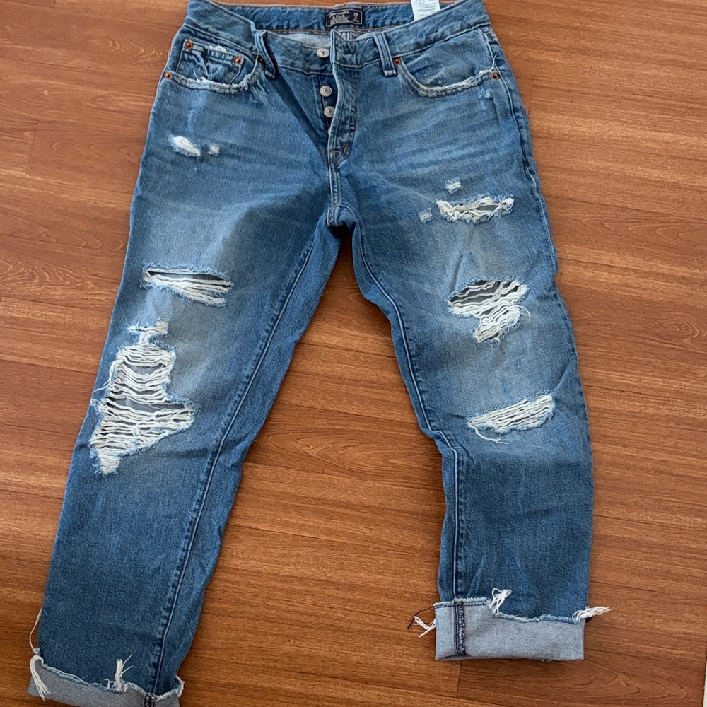 Abercrombie & Fitch Distressed Medium Blue Boyfriend Jeans